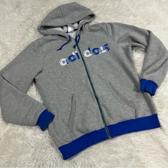 Adidas Gray & Blue Bubble logo Zip Front hooded sweatshirt jacket youth large - Picture 1 of 9